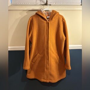 Denim&Co Long Fleece Orange & Brown Jacket w/ Plaid Design, Women’s Size Large